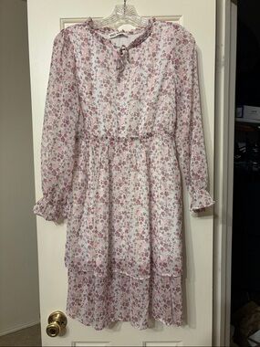 Grace Karin Girls Pink Floral Tiered Long Sleeve Dress